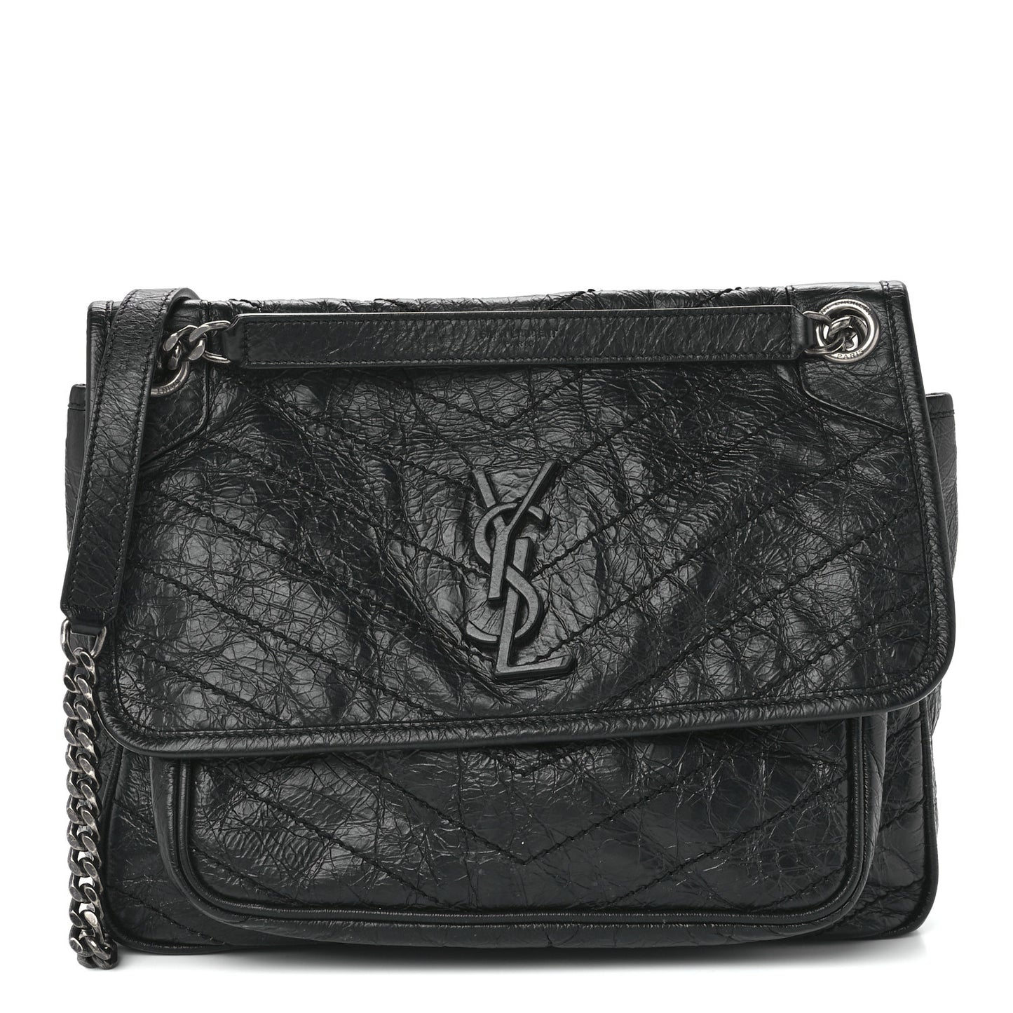 Crinkled Calfskin Matelasse Monogram Medium Niki Chain Satchel Black