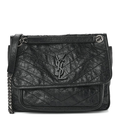 Saint Laurent Crinkled Calfskin Matelasse Monogram Medium Niki Chain Satchel Black 1 of 13