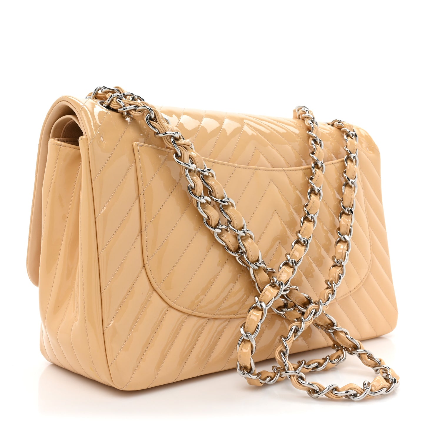Patent Chevron Quilted Jumbo Double Flap Beige
