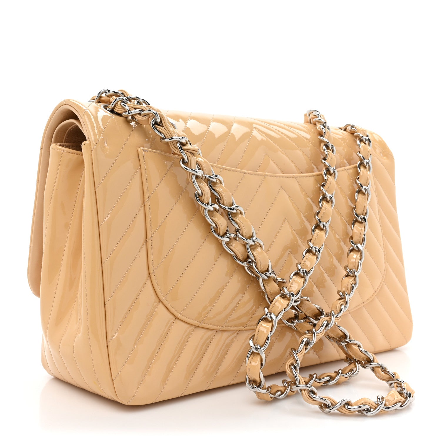 Chanel Patent Chevron Quilted Jumbo Double Flap Beige 3 of 12