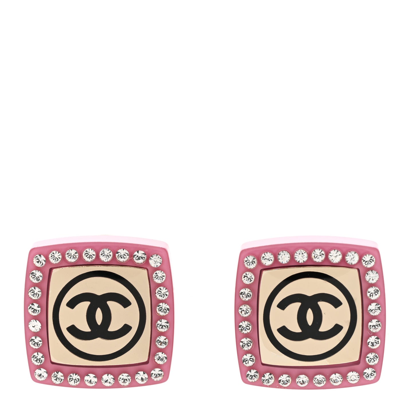 Metal Resin Crystal CC Square Earrings Gold White Pink