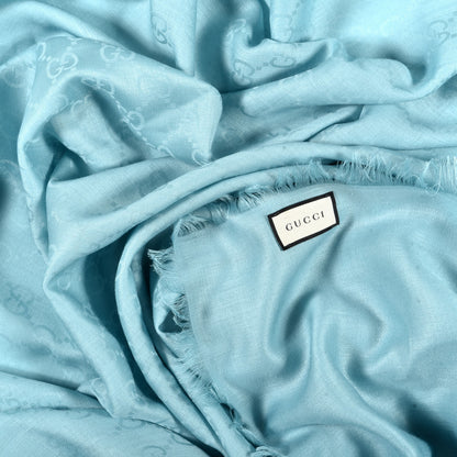 Gucci Wool Silk GG Monogram GGLight Fringe Shawl Light Blue 6 of 7