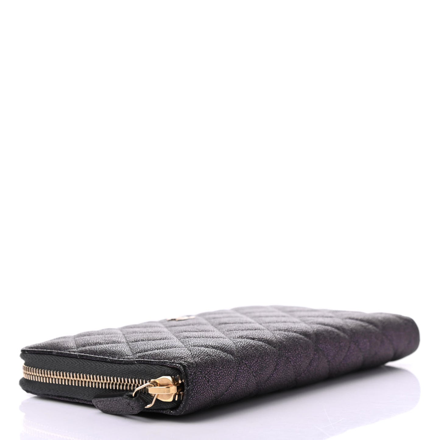 Iridescent Caviar Quilted Large Zip Around Organizer Wallet Black