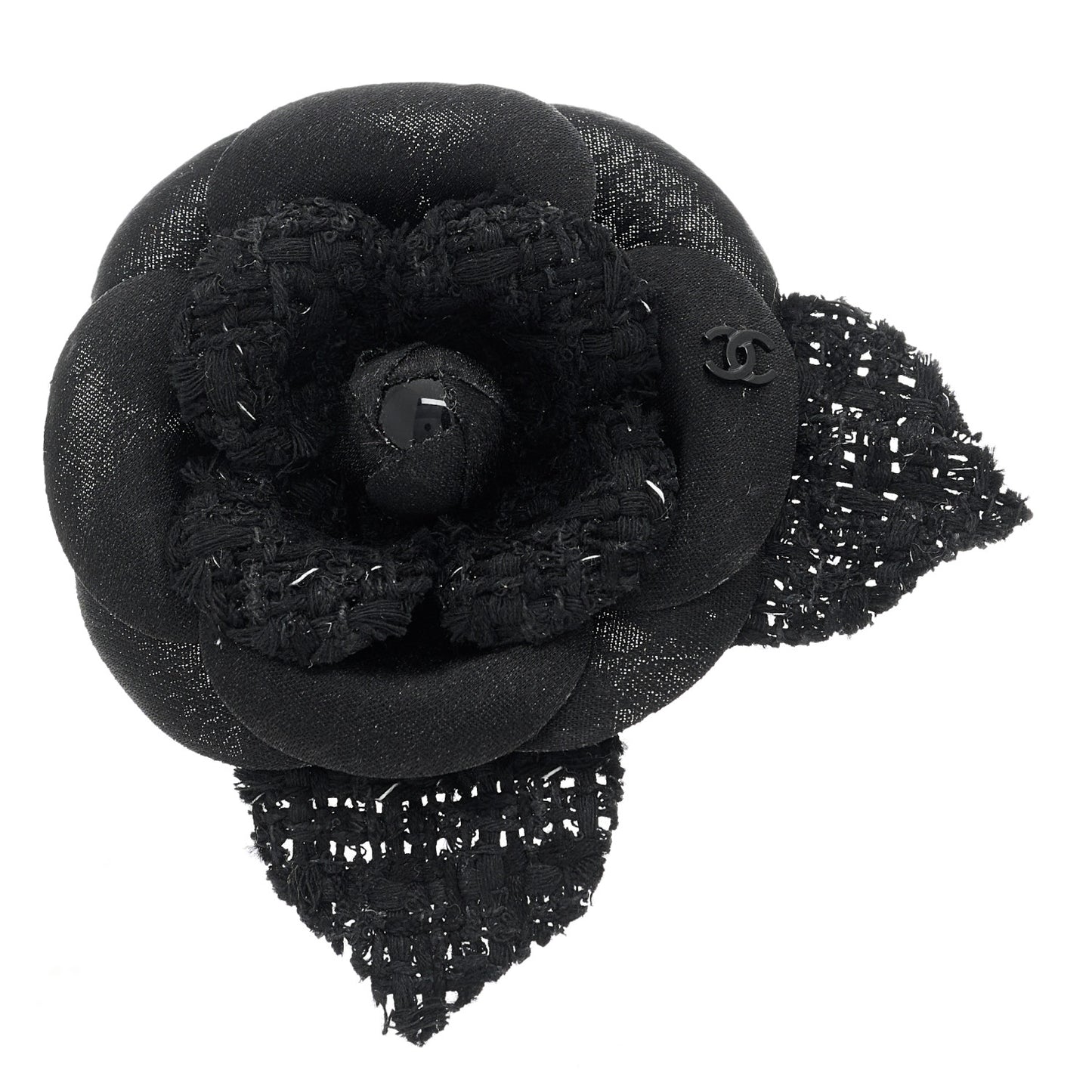 Tweed Fabric Camellia Pin Brooch Black