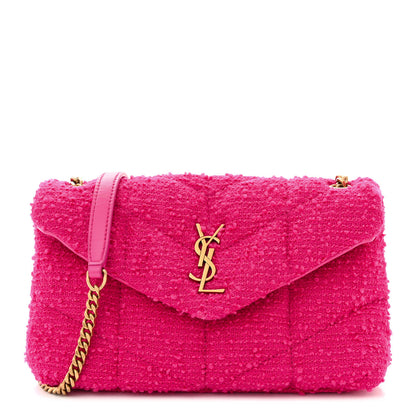 Saint Laurent SAINT LAURENT Boucle Tweed Quilted Toy Loulou Puffer Monogram Chain Satchel Magenta 1 of 11