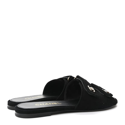 Chanel Suede Kidskin Velcro Crystal CC Mules 39 Black 5 of 9