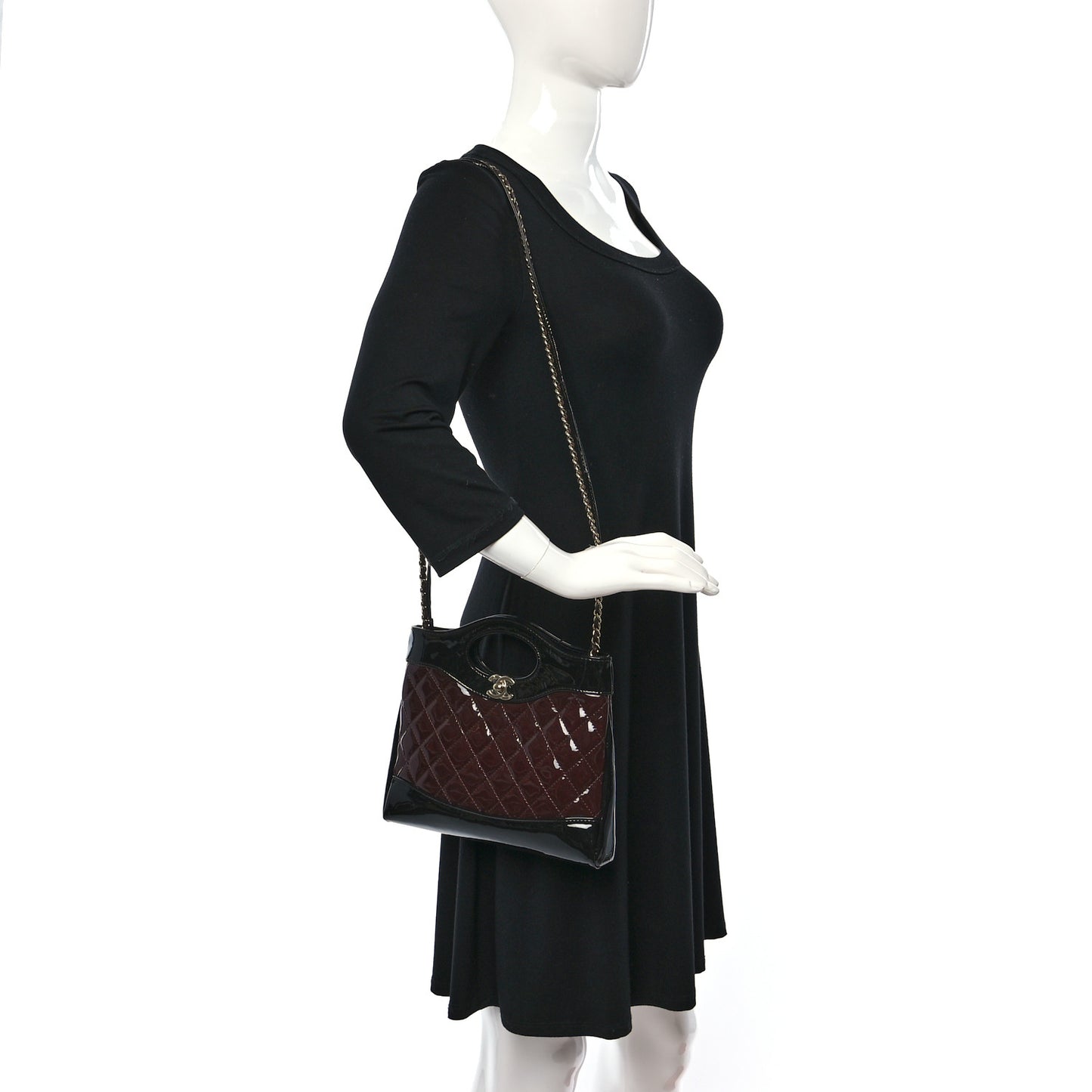 Patent Calfskin Quilted Mini 31 Shopping Bag Burgundy Black
