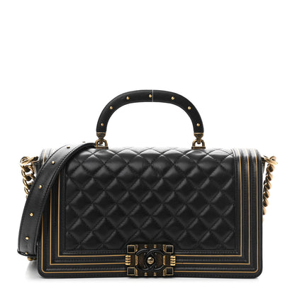Chanel Lambskin Quilted Medium Boy Studded Handle Flap Black Gold 1 of 13