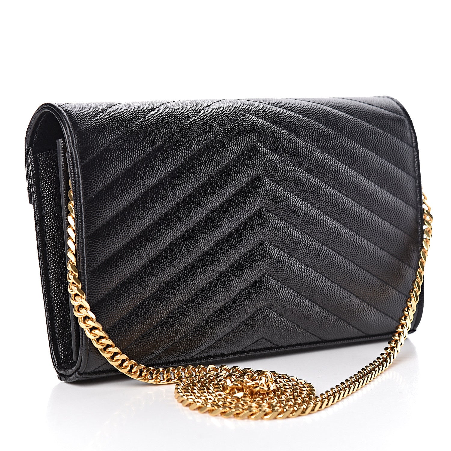 Saint Laurent Grain De Poudre Matelasse Chevron Monogram Chain Wallet Black 3 of 9