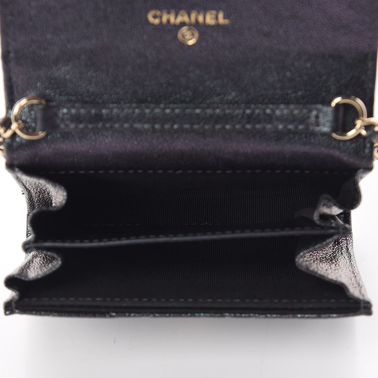 Iridescent Caviar Quilted Flap Card Holder On Chain Black