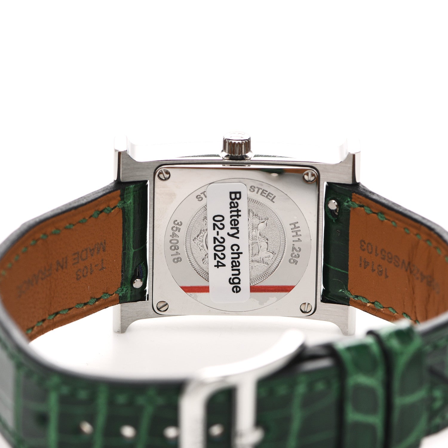 Hermes Stainless Steel Alligator Diamond Bezel Mother of Pearl 21mm Heure H Hour Quartz Watch Vert Moyen 4 of 5
