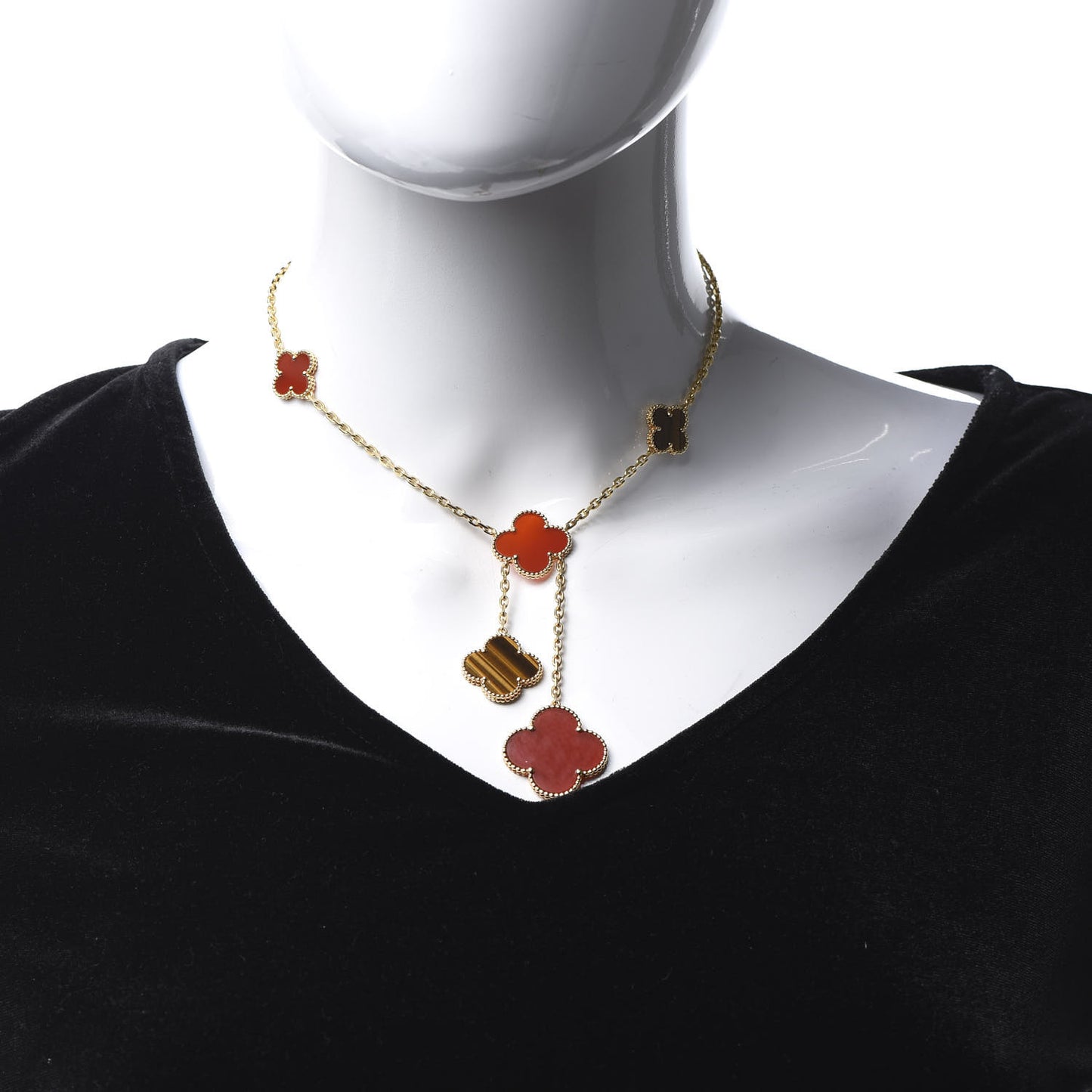 18K Yellow Gold Carnelian Tiger Eye 6 Motifs Magic Alhambra Necklace