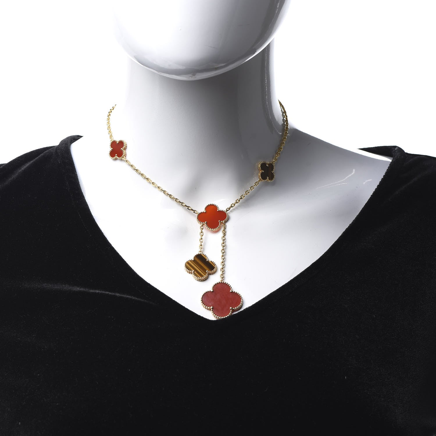 Van Cleef & Arpels 18K Yellow Gold Carnelian Tiger Eye 6 Motifs Magic Alhambra Necklace 2 of 7