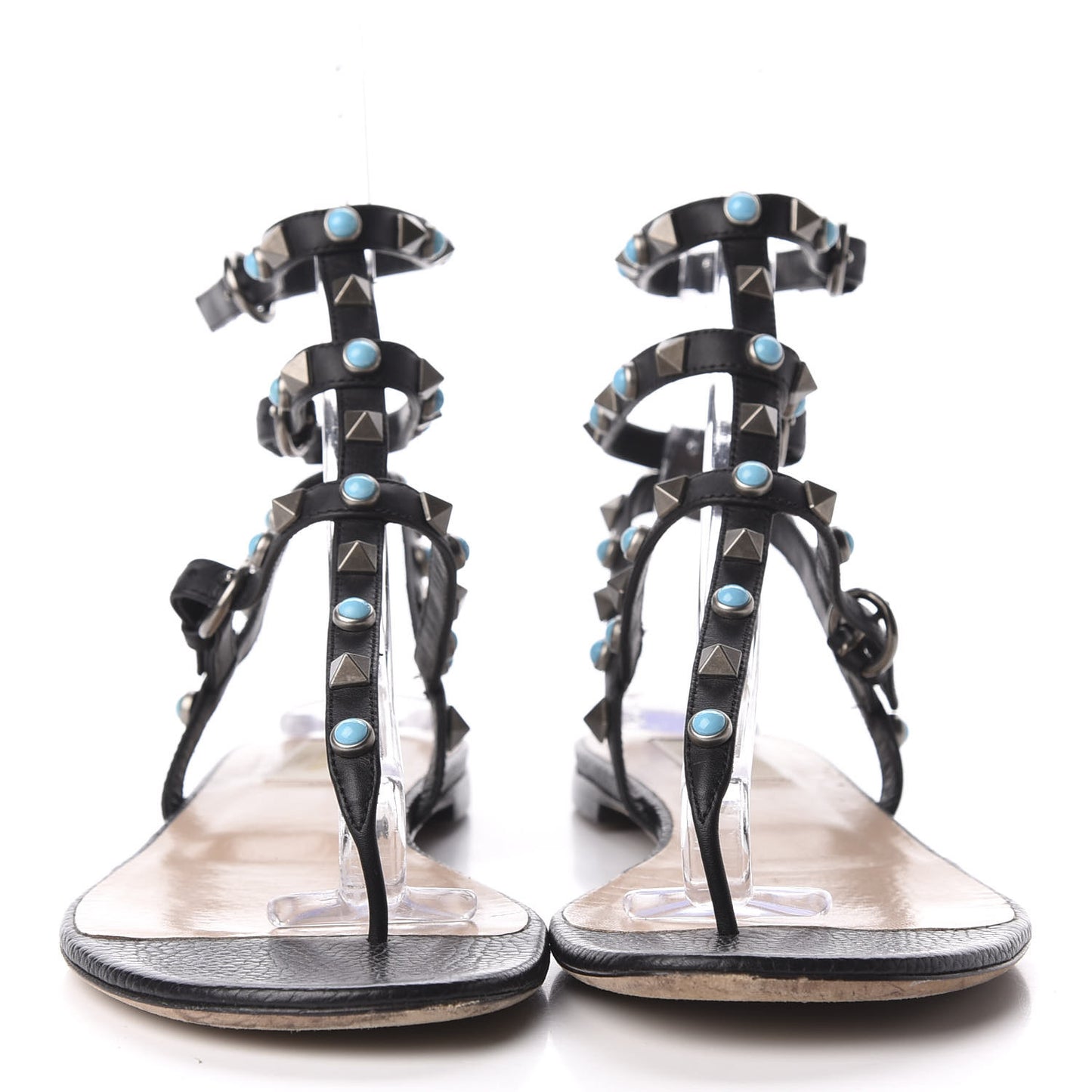 Calfskin Rockstud Rolling Ankle Wrap Flat Thong Sandals 39.5 Black