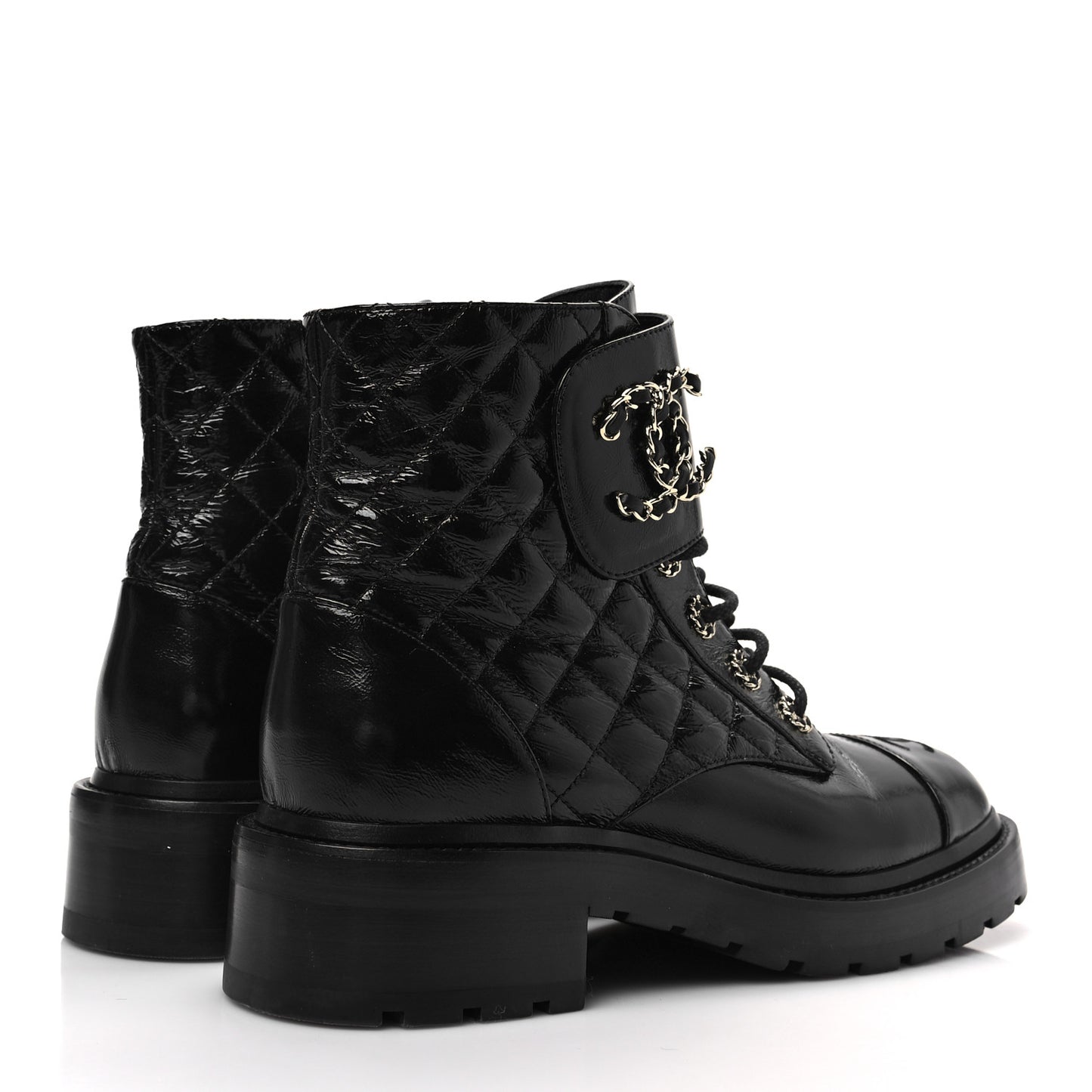 Shiny Calfskin Quilted Lace Up Combat Boots 39 Black