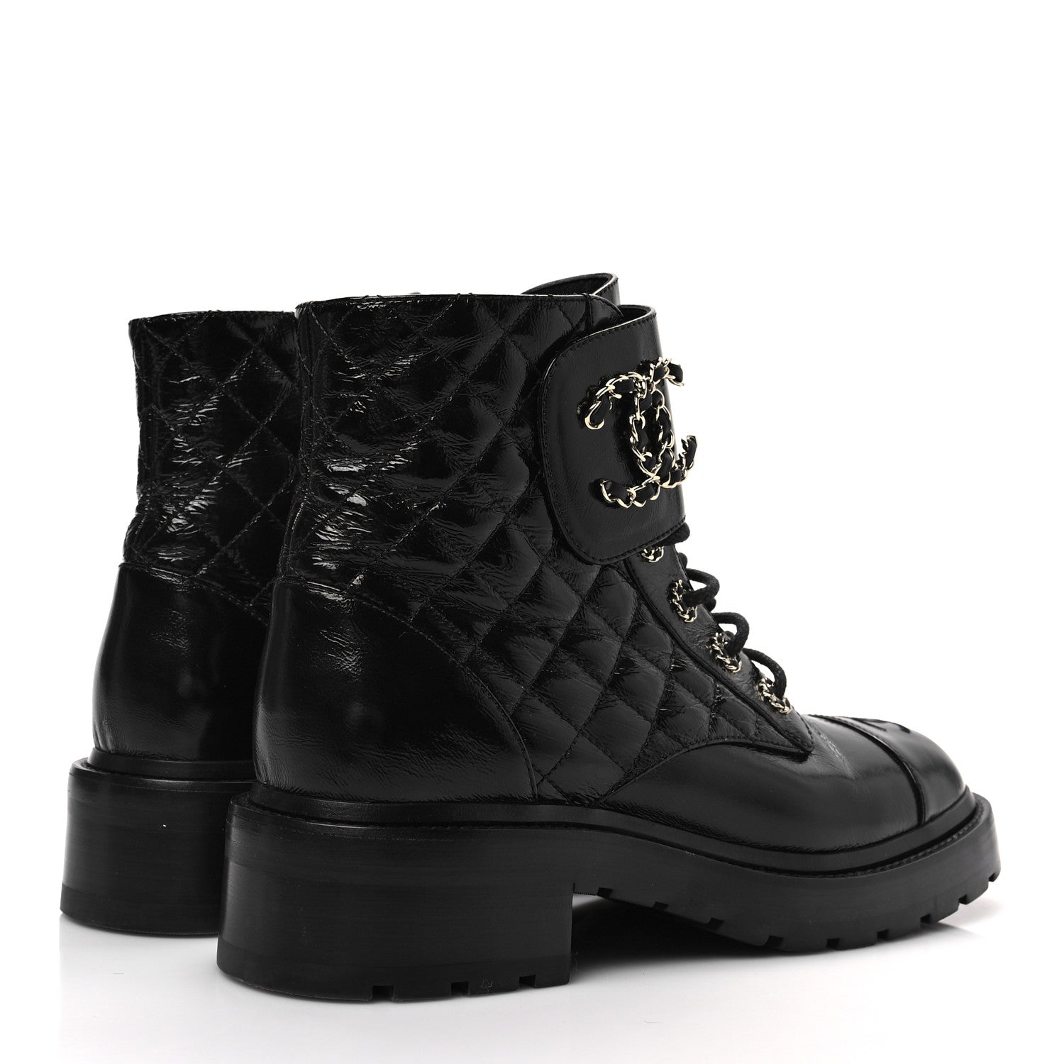 Chanel Shiny Calfskin Quilted Lace Up Combat Boots 39 Black 4 of 9