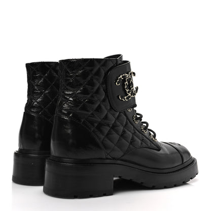 Chanel Shiny Calfskin Quilted Lace Up Combat Boots 39 Black 4 of 9