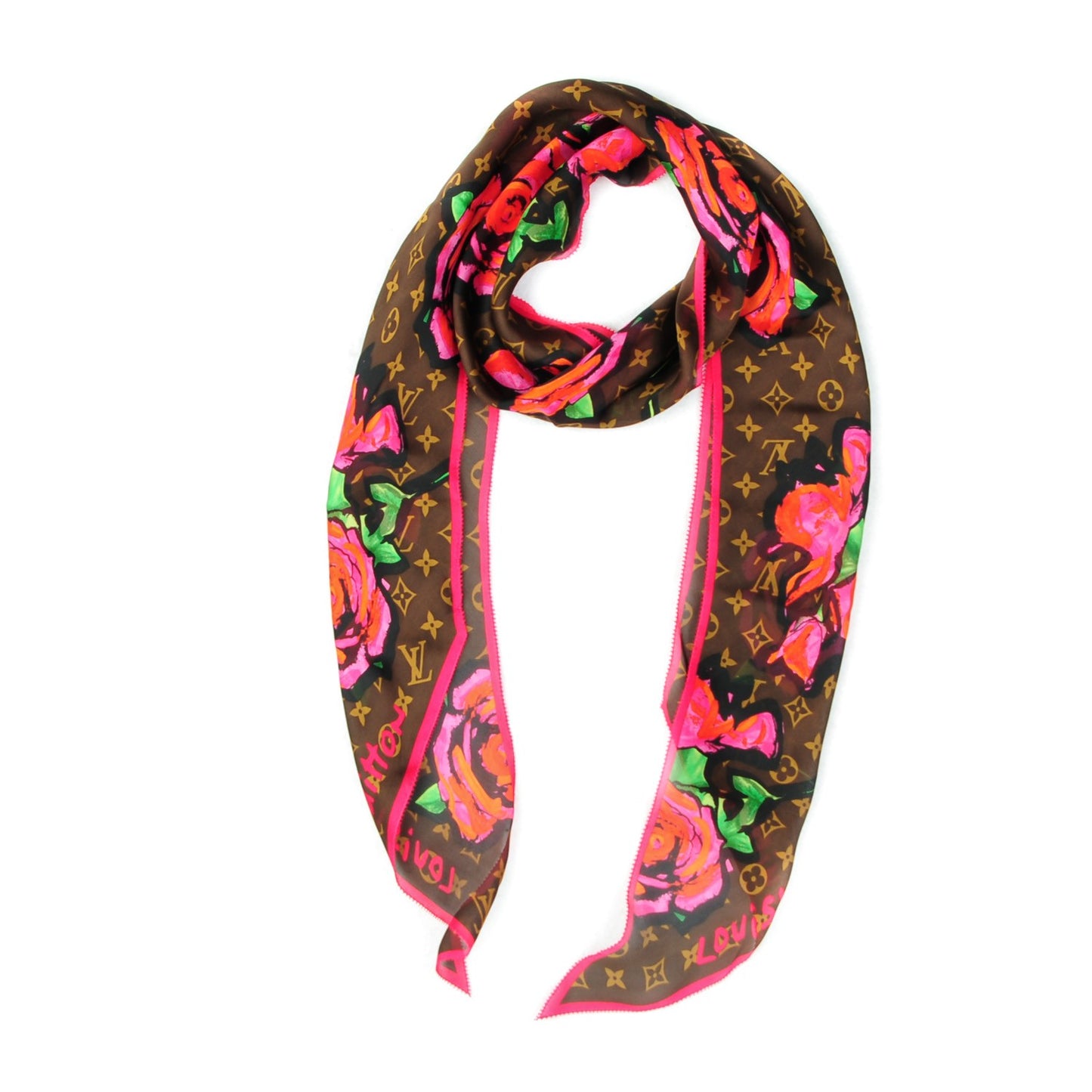 Silk Monogram Roses Scarf Marron