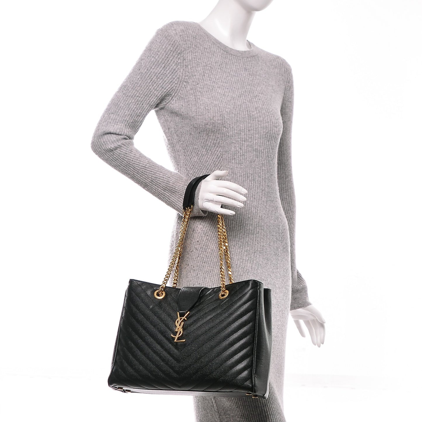 Grain De Poudre Matelasse Chevron Monogram Shopping Bag Black