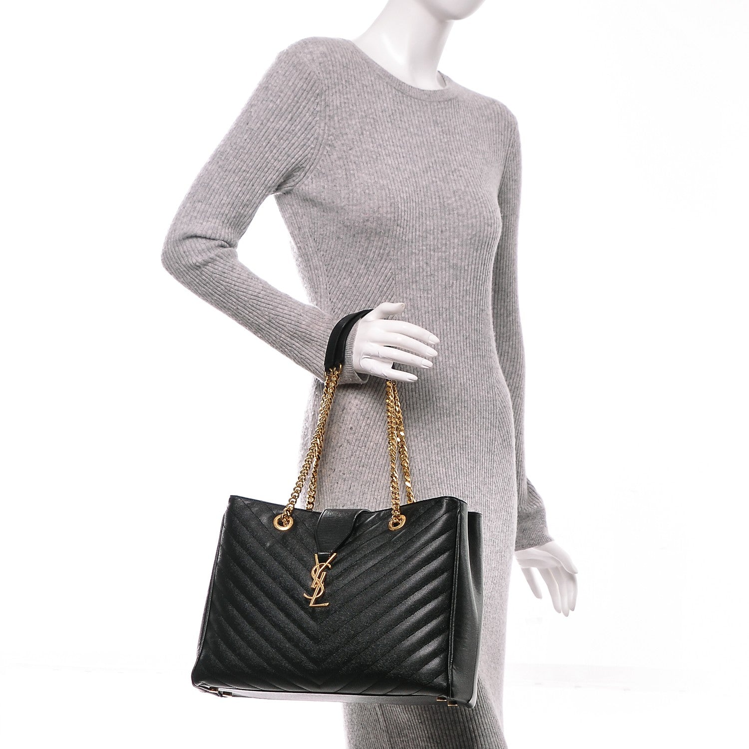 Saint Laurent Grain De Poudre Matelasse Chevron Monogram Shopping Bag Black 2 of 6