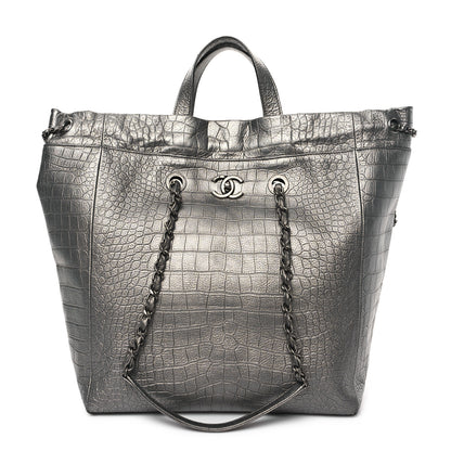 Chanel Calfskin Crocodile Embossed Large Cocodile Shopping Tote Silver 1 of 10