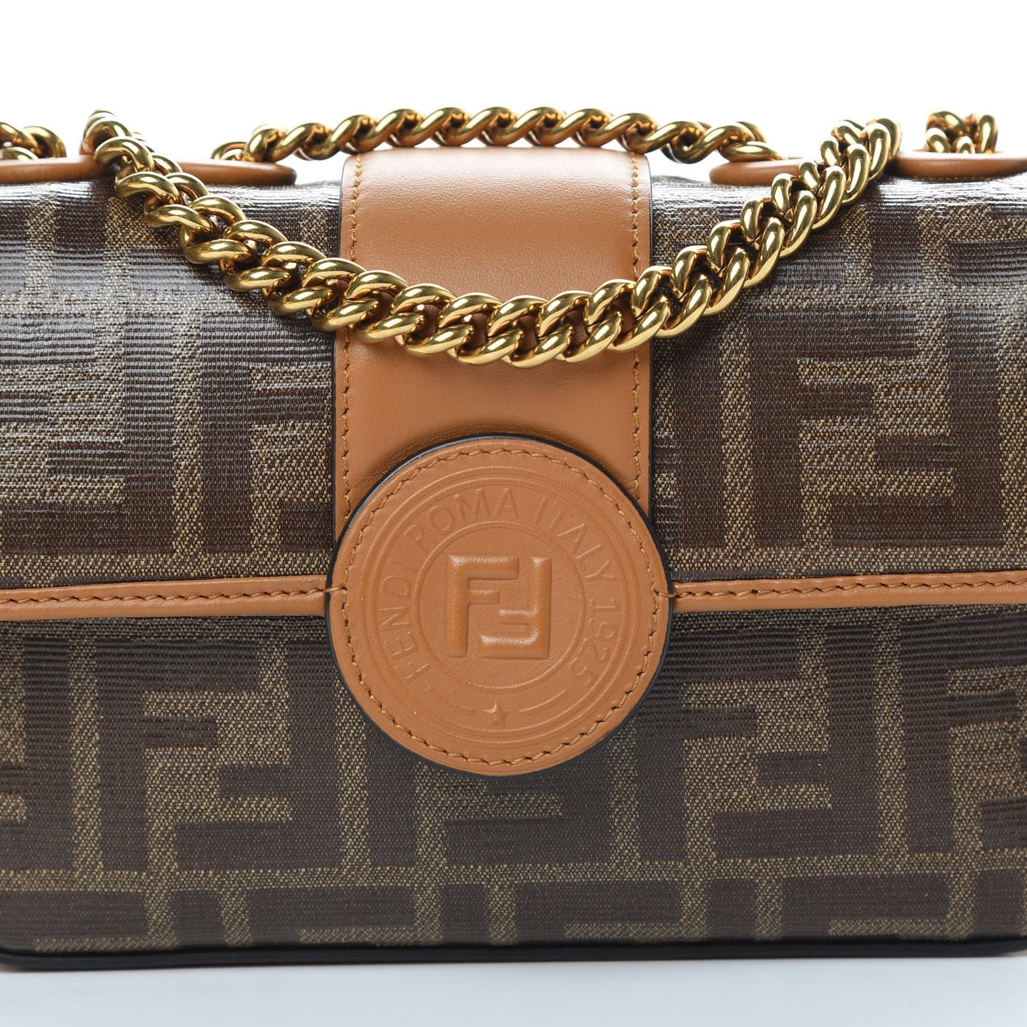 Glazed Fabric Vitello Century FF 1974 Stamp Patch Mini Double F Crossbody Bag Mogano Panna Caramello