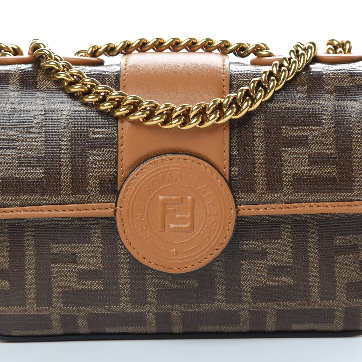 Fendi Glazed Fabric Vitello Century FF 1974 Stamp Patch Mini Double F Crossbody Bag Mogano Panna Caramello 8 of 12
