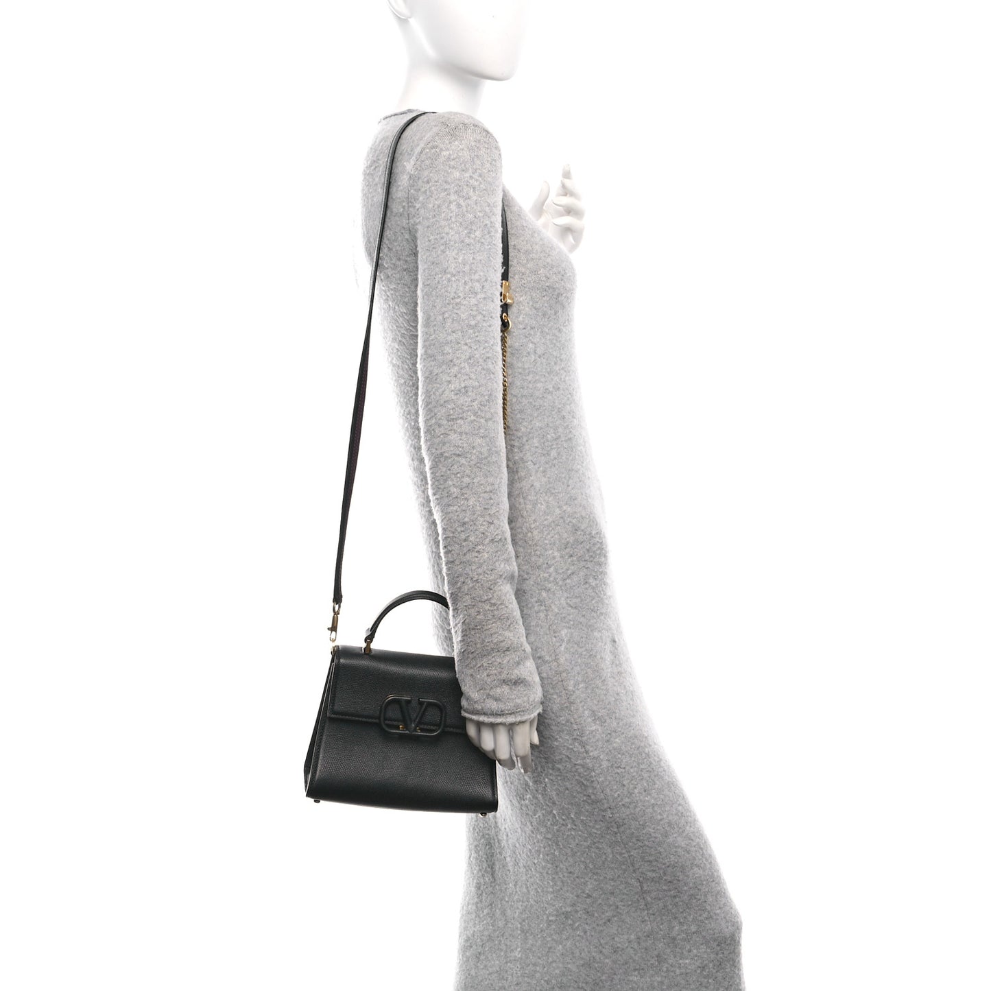 Grainy Calfskin Small VSling Top Handle Bag Black