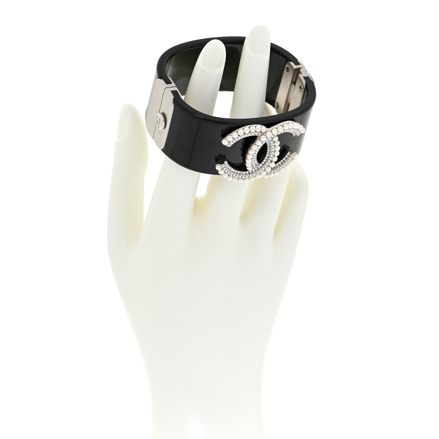 Chanel Resin Pearl Crystal CC Cuff Black 2 of 5