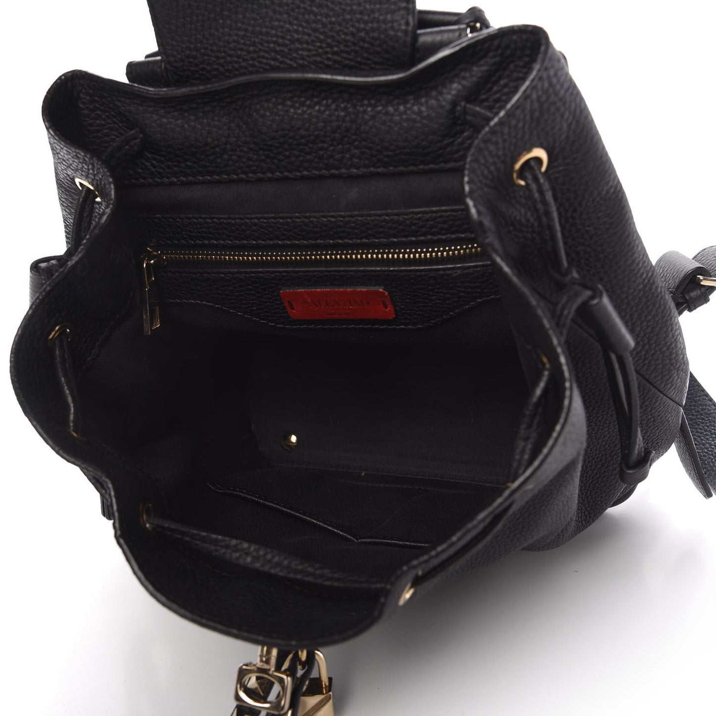 Pebbled Calfskin Rockstud Drawstring Backpack Black