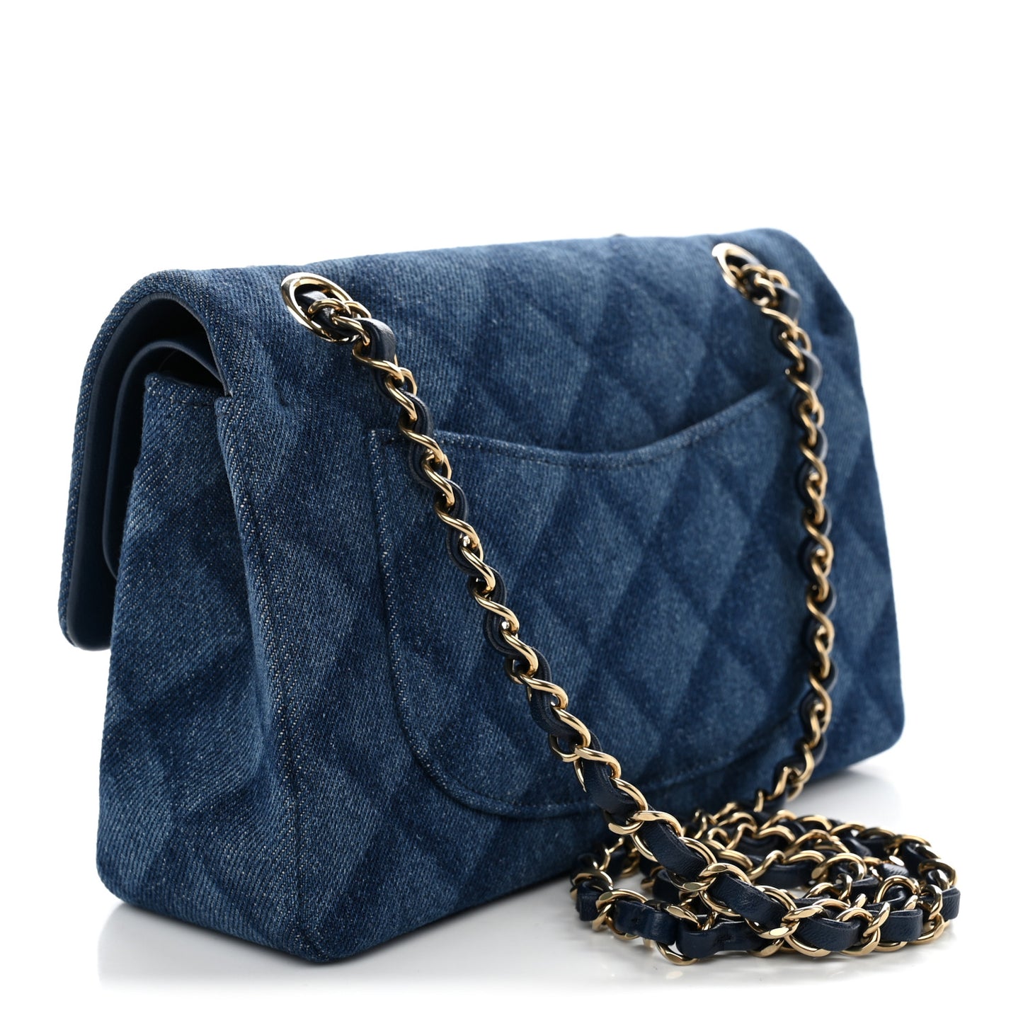 Printed Denim Quilted Small Double Flap Blue