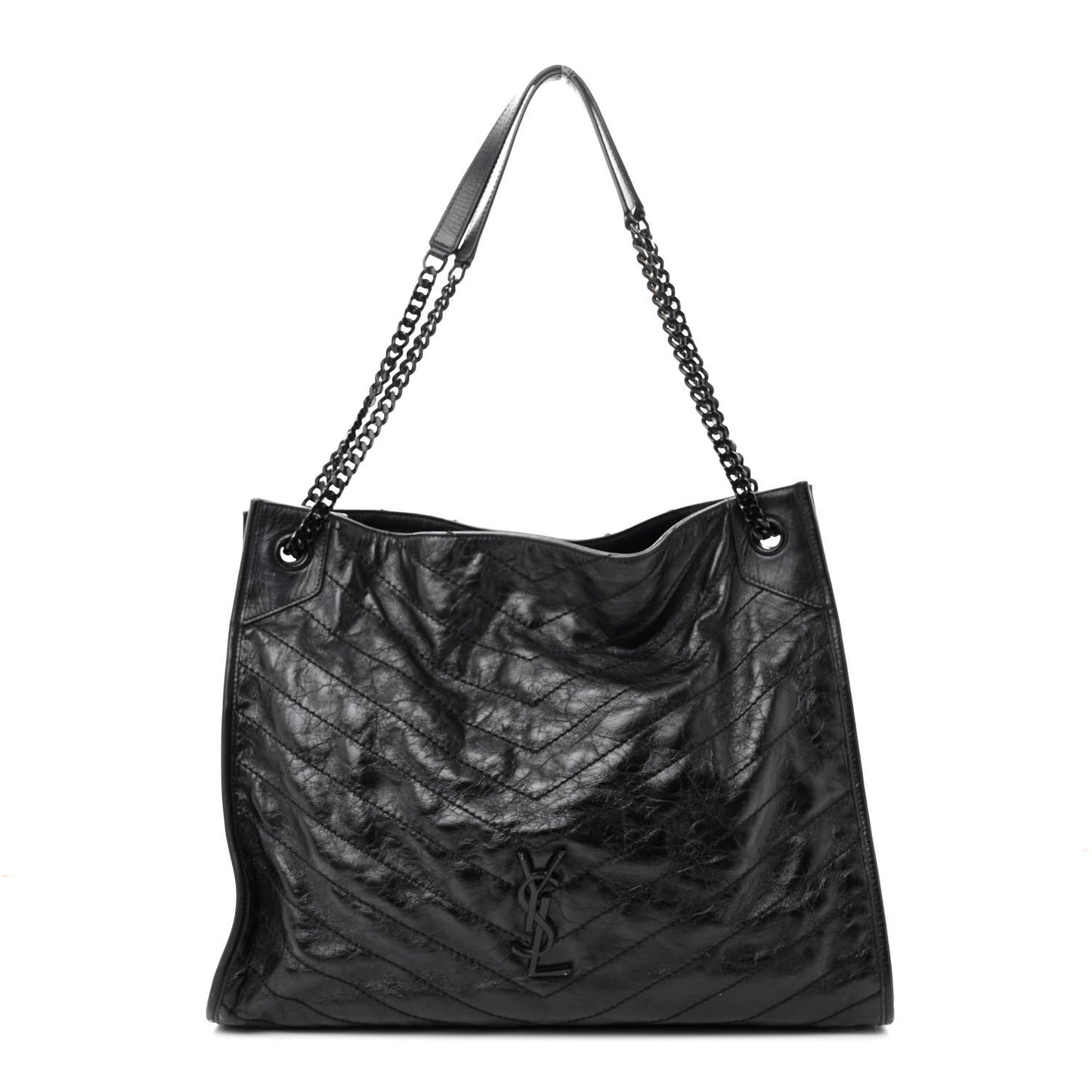 Crinkled Calfskin Matelasse Monogram Large Niki Shopper Tote Black