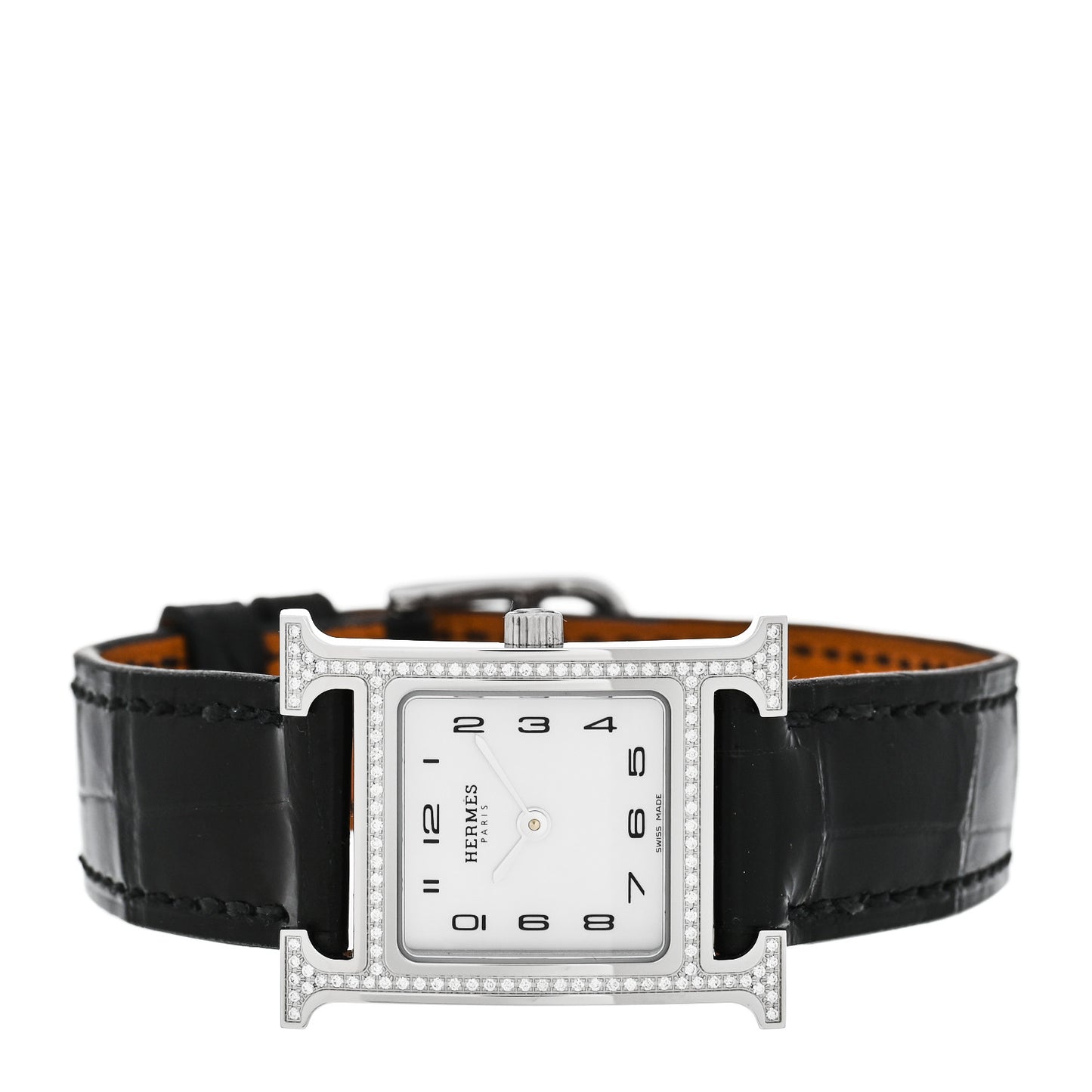 Stainless Steel Alligator Diamond Bezel Mother of Pearl 21mm Heure H Hour Quartz Watch Noir