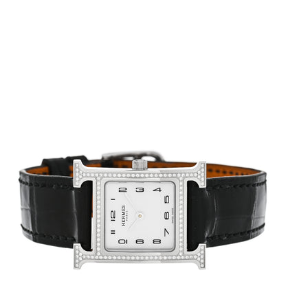 Hermes Stainless Steel Alligator Diamond Bezel Mother of Pearl 21mm Heure H Hour Quartz Watch Noir 2 of 5
