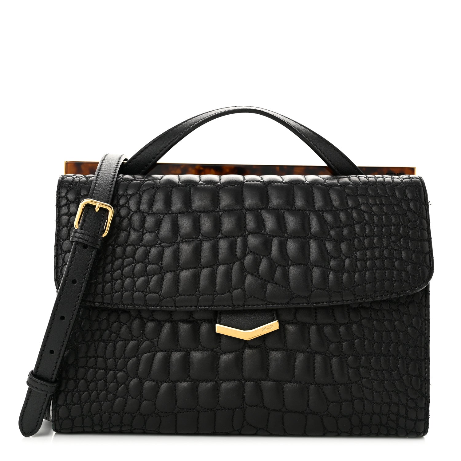 Fendi Nappa Calfskin Crocodile Trapuntata Demi Jour Shoulder Bag Black 1 of 11