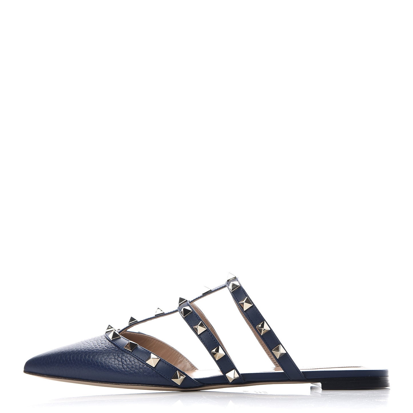 Pebbled Calfskin Rockstud Flat Cage Mules 38 Pure Blue
