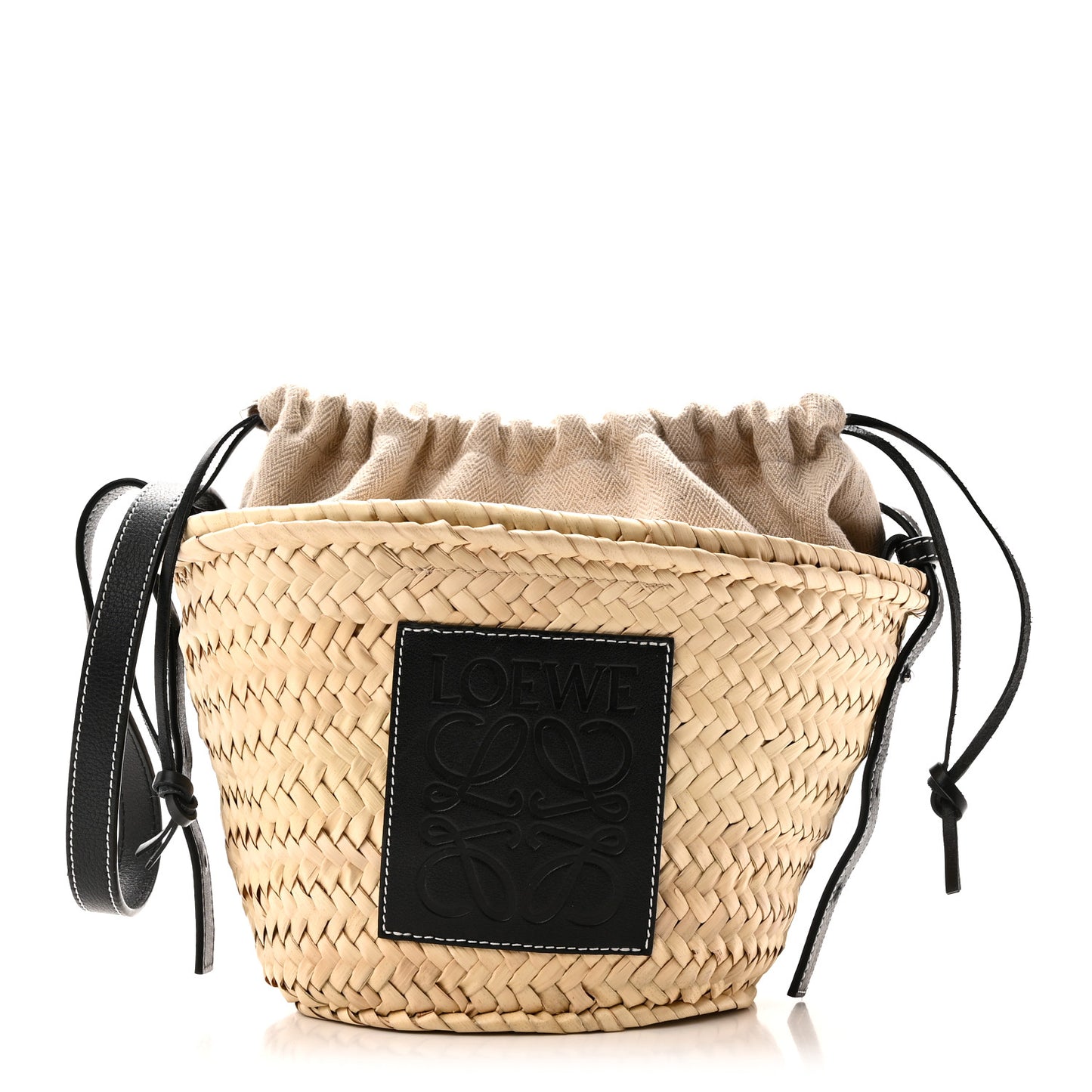Leaf Palm Calfskin Drawstring Bucket Bag Natural Black
