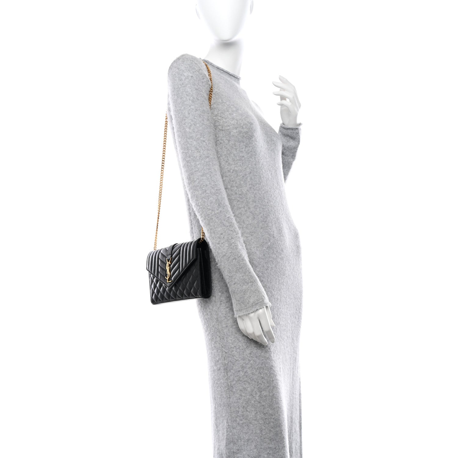 Saint Laurent Grain De Poudre Mixed Matelasse Triquilt Monogram Chain Wallet Black 2 of 10