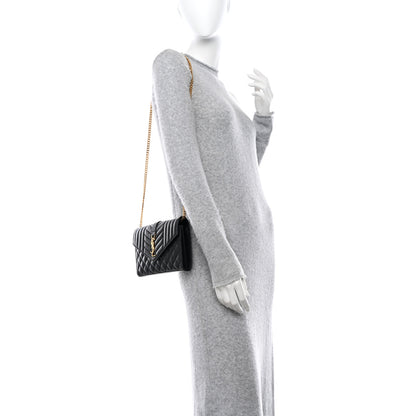 Saint Laurent Grain De Poudre Mixed Matelasse Triquilt Monogram Chain Wallet Black 2 of 10