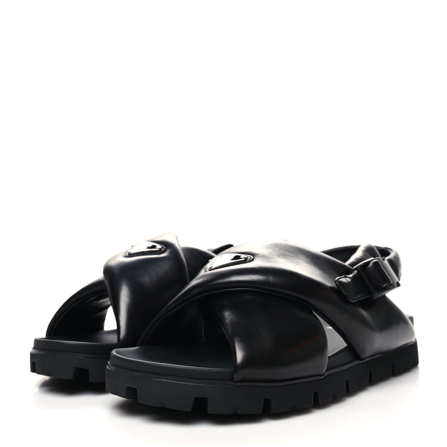 Nappa Soft Metal Triangle Logo Padded Monolith 55mm Slingback Sandals 9 Black