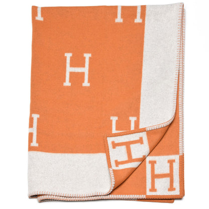 Hermes Wool Cashmere Signature Classic Avalon Blanket Ecru Potiron 3 of 4