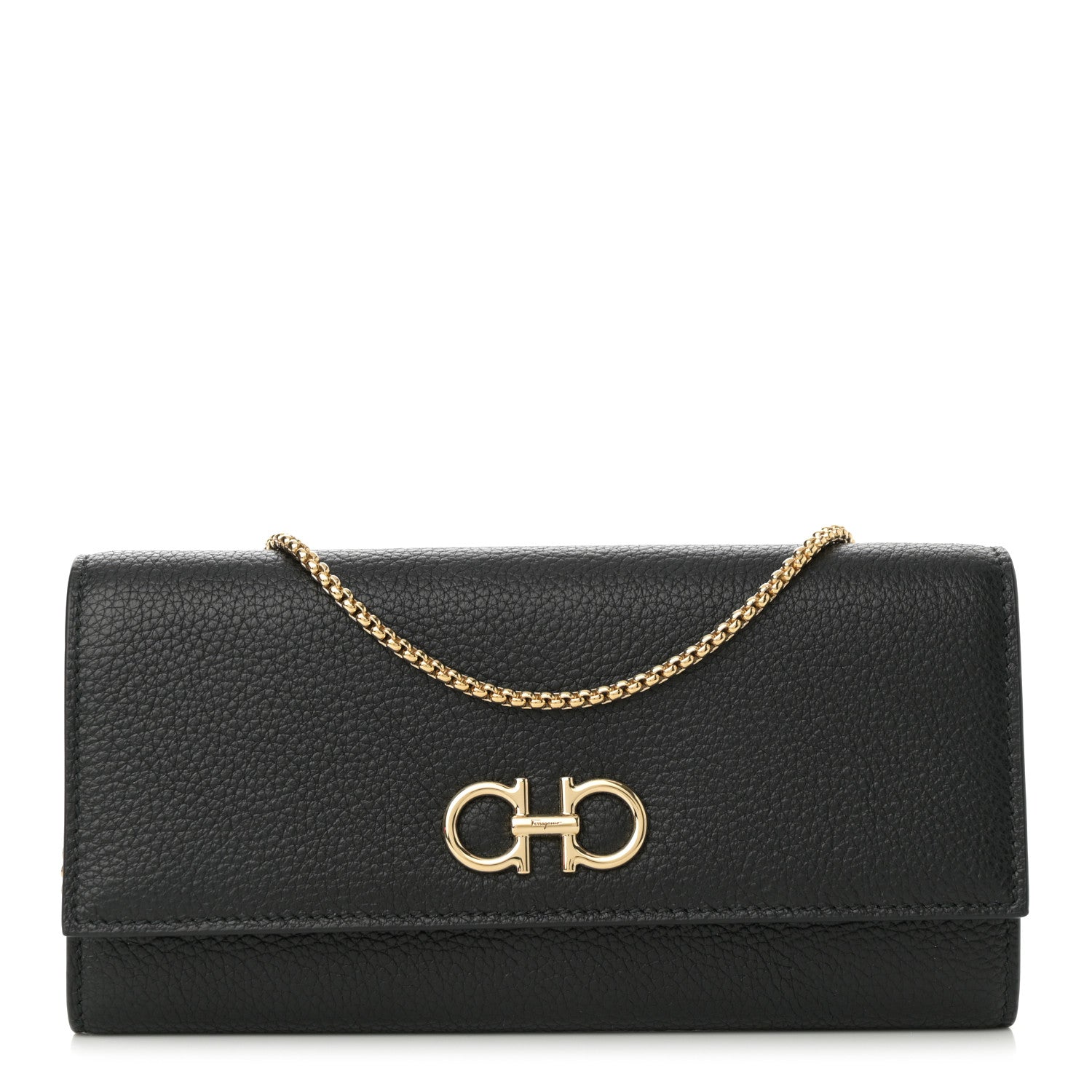 Salvatore Ferragamo Hammered Calfskin Gancini Wallet On Chain Black 1 of 11