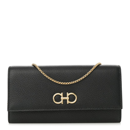 Salvatore Ferragamo Hammered Calfskin Gancini Wallet On Chain Black 1 of 11