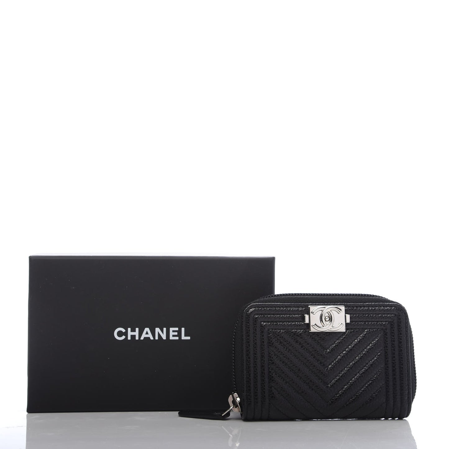 Caviar Chevron Quilted Boy Zip Around Coin Purse Wallet Black
