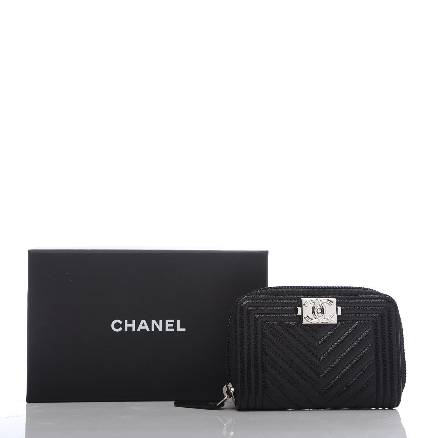 Chanel Caviar Chevron Quilted Boy Zip Around Coin Purse Wallet Black 8 of 8