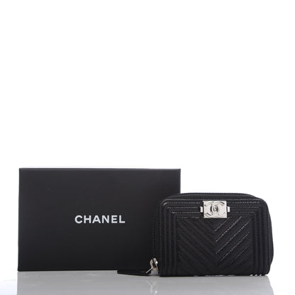 Chanel Caviar Chevron Quilted Boy Zip Around Coin Purse Wallet Black 8 of 8