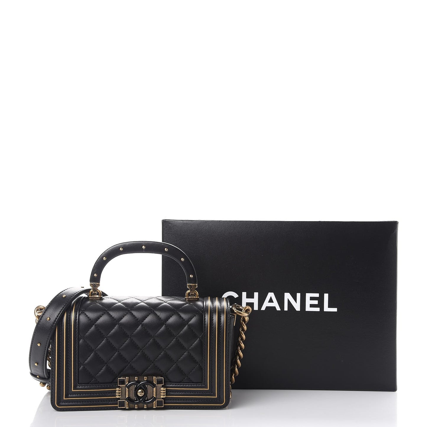 Lambskin Quilted Small Boy Studded Handle Flap Black Gold