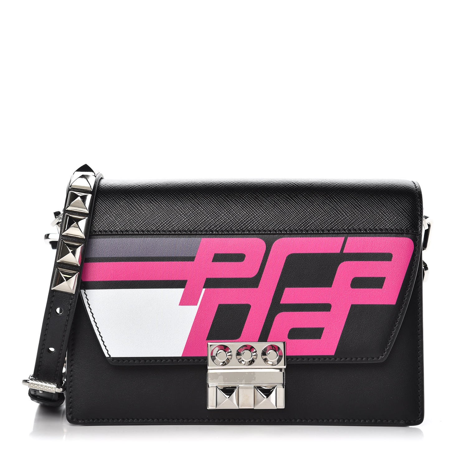 City Calfskin Saffiano Racing Logo Elektra Shoulder Bag Fuxia Black