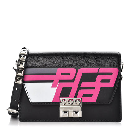 Prada City Calfskin Saffiano Racing Logo Elektra Shoulder Bag Fuxia Black 1 of 8