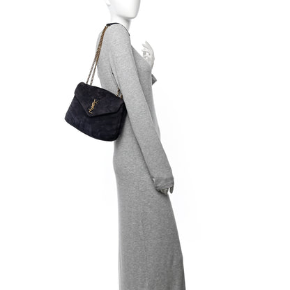 Saint Laurent Suede Calfskin Y Quilted Monogram Small Loulou Chain Satchel Deep Marine 2 of 11